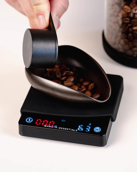 Coffee scale with timer mini with coffee dosing tray and coffee storage jar