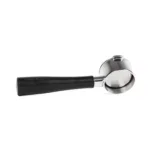 A side view of a 51mm bottomless portafilter with a black handle designed for the DeLonghi Icona Vintage. The portafilter, from Barista Essentials, features a polished stainless steel finish and an exposed filter basket, showcasing its bottomless design.