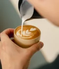Latte art gift set for home baristas from Barista Essentials. The set contains freshly roasted coffee beans, a cappuccino cup and a milk jug