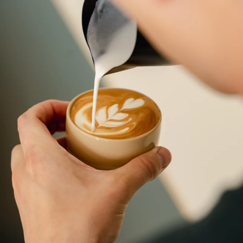 Latte art gift set for home baristas from Barista Essentials. The set contains freshly roasted coffee beans, a cappuccino cup and a milk jug